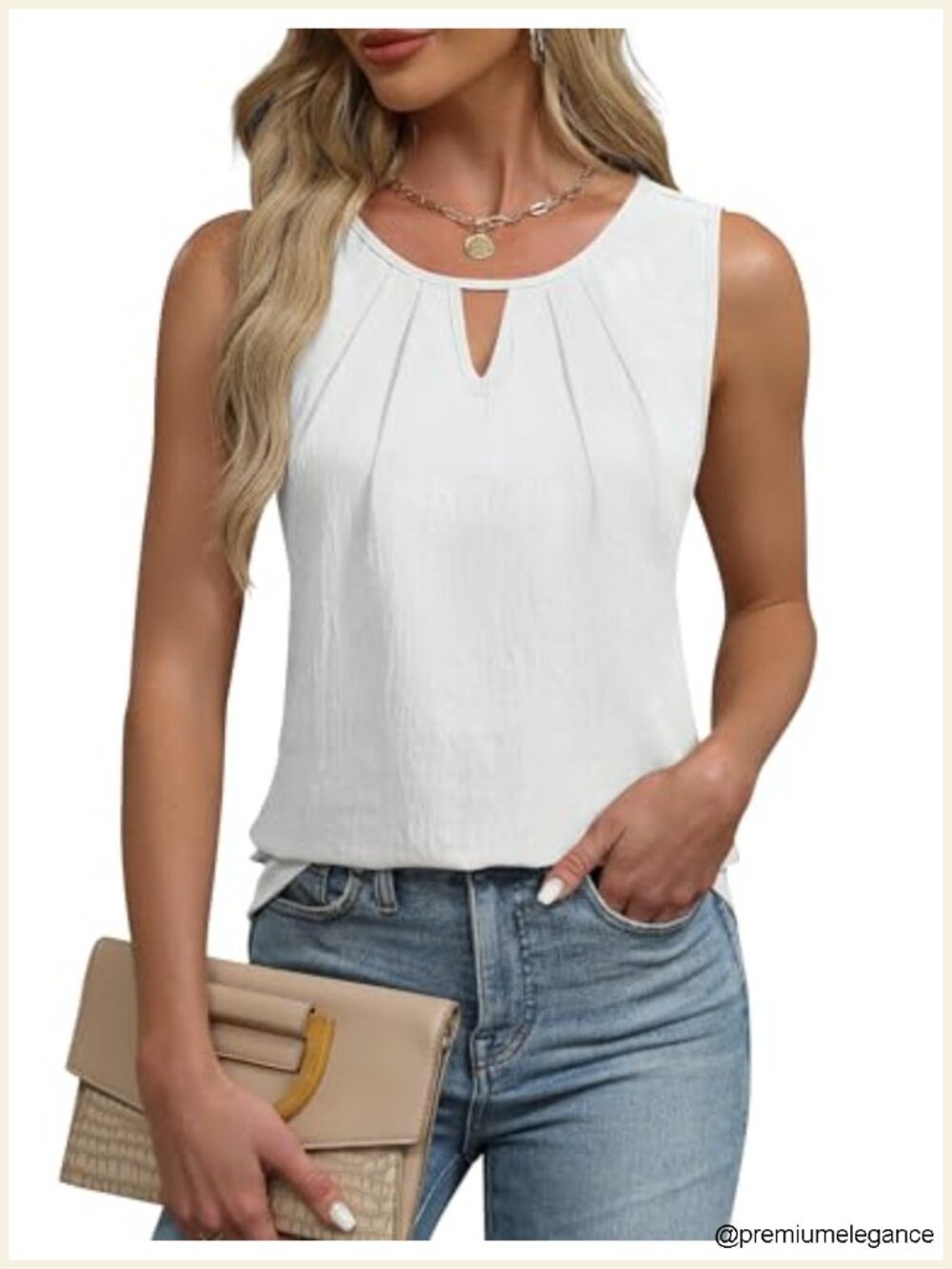 Women's Sleeveless Tank Top Business Casual Work Blouse Pleated Keyhole Lace